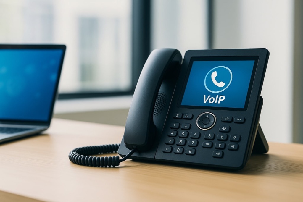 Modern VoIP desk phone with digital screen showing VoIP icon, placed on a desk beside a laptop