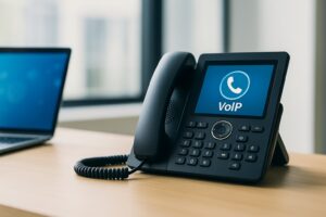 Modern VoIP desk phone with digital screen showing VoIP icon, placed on a desk beside a laptop