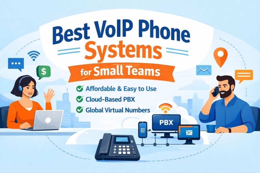 Illustrated hero banner showing two professionals using VoIP with cloud PBX, mobile and desktop devices, and the title ‘Best VoIP Phone Systems for Small Teams