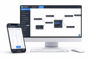 SendMyCall phone.systems interface showing call flow management on desktop and mobile app with virtual number dial pad