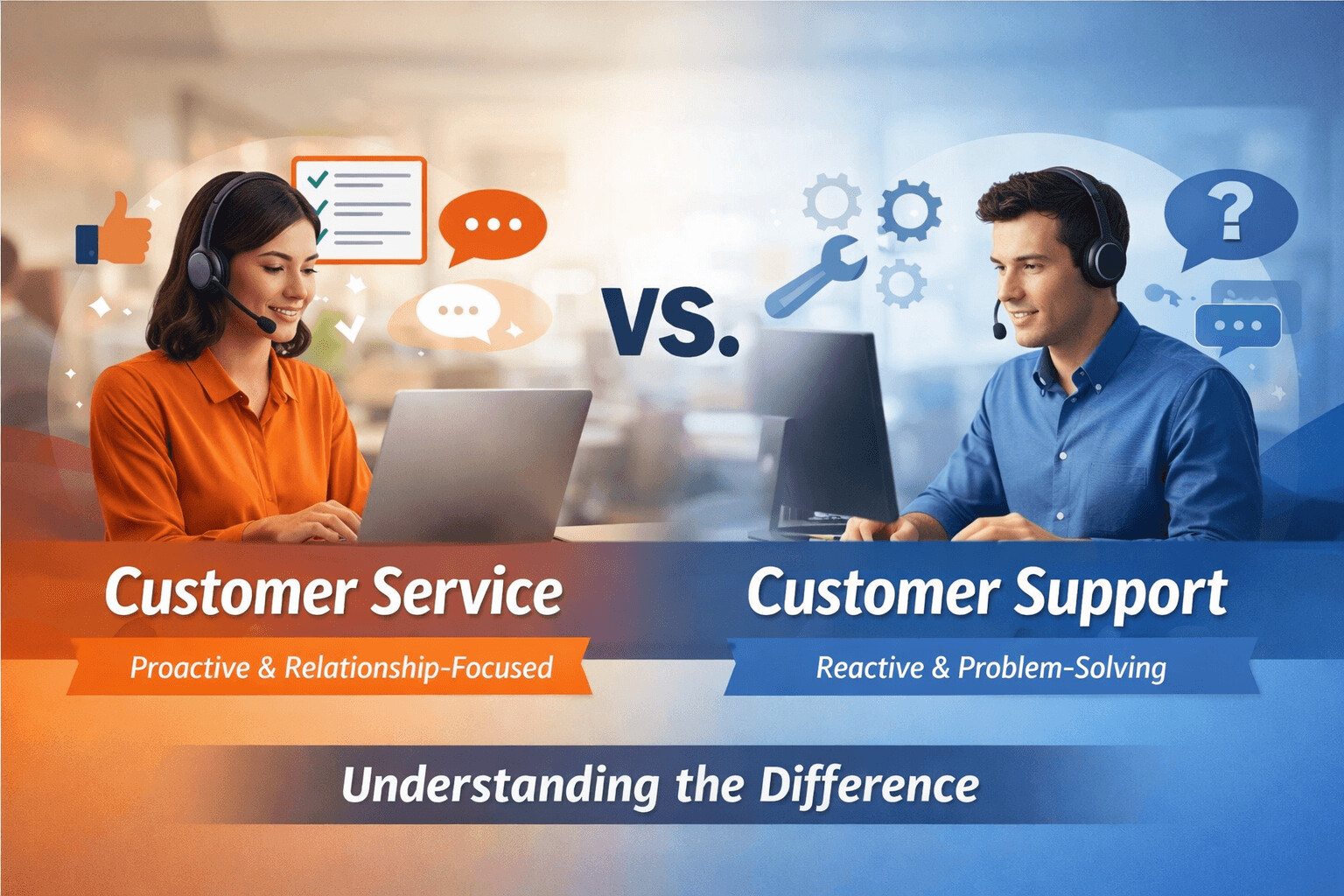 Customer service versus customer support comparison showing proactive service and reactive technical support in a business environment