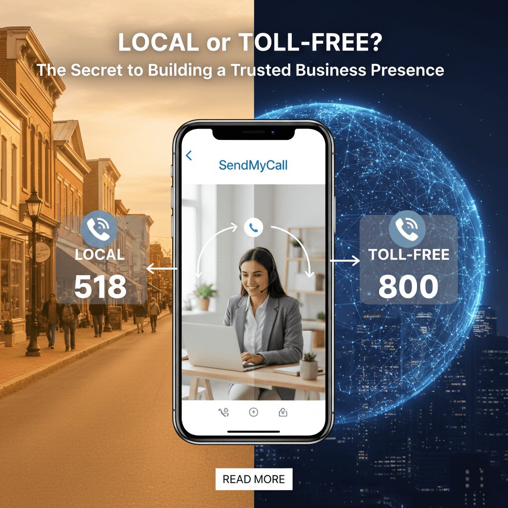A split-screen graphic showing a local city street with a 518 area code versus a digital globe with an 800 toll-free number