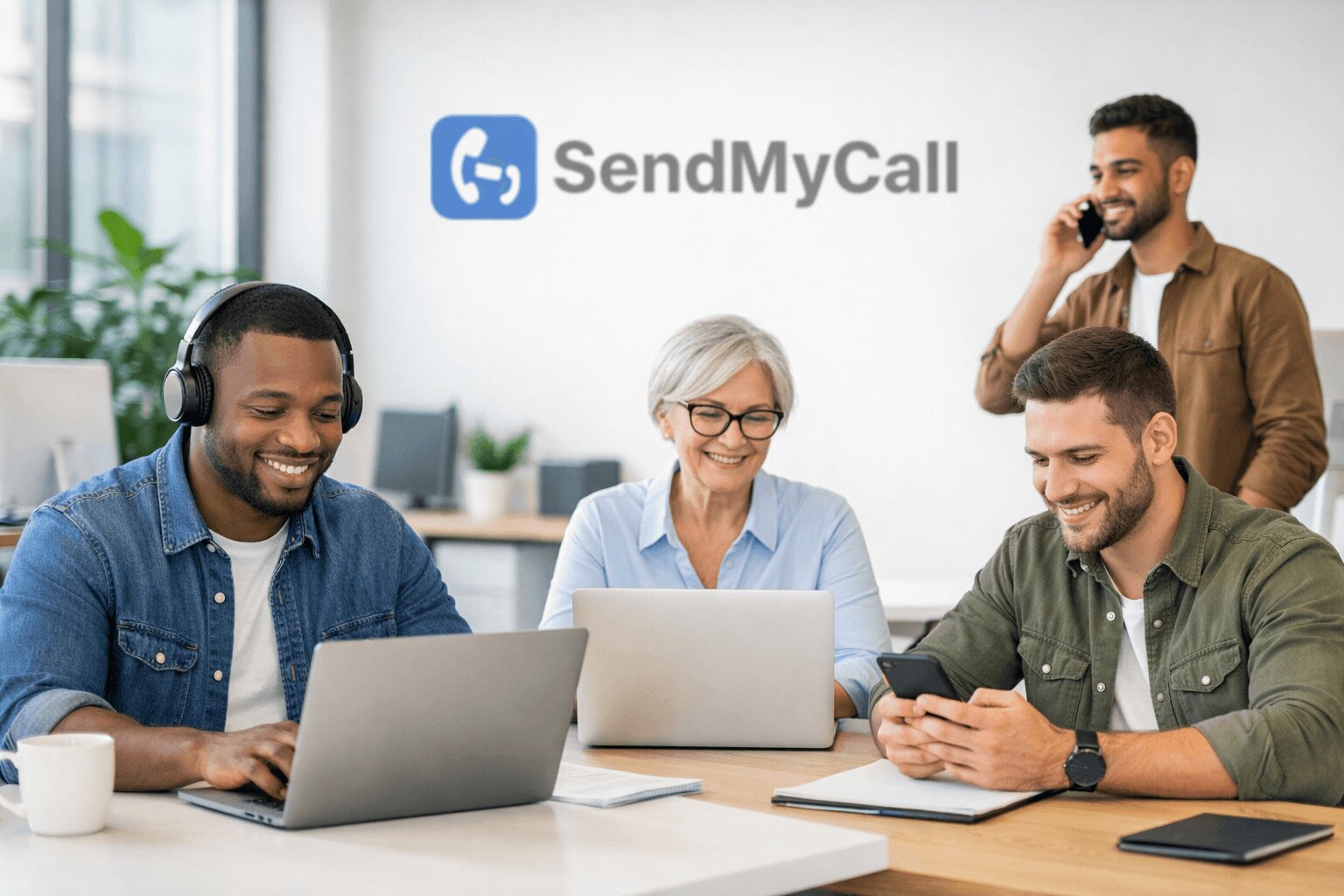 Diverse business team using laptops and smartphones in a modern office representing advanced cloud PBX and business phone system features for 2026.