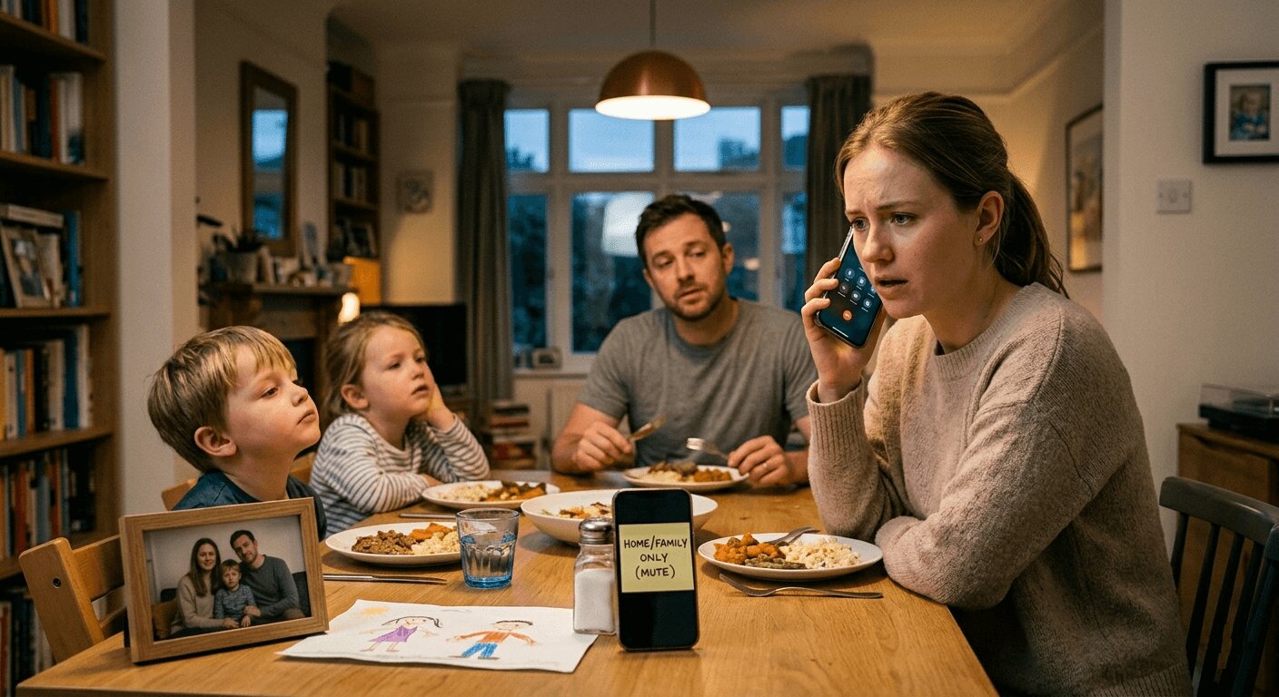 A frustrated business owner taking a work call on her personal cell phone during a family dinner, highlighting the need for a dedicated business number