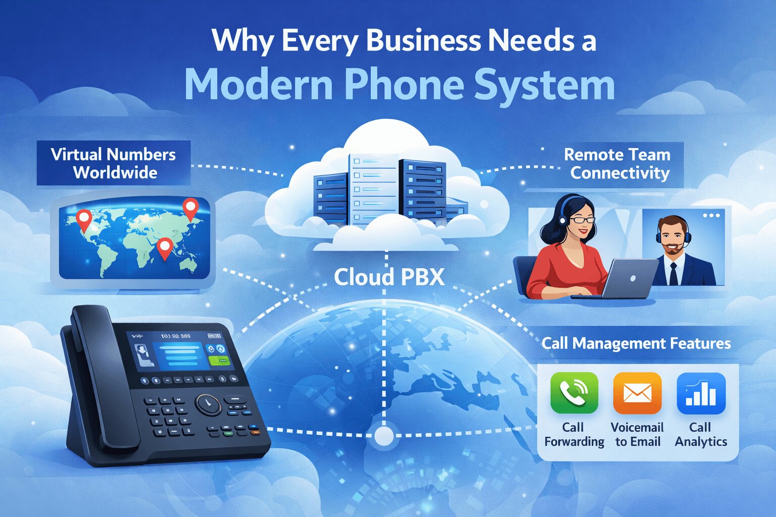 Modern business phone system using cloud PBX with virtual numbers, call routing, remote teams, and advanced call management features.