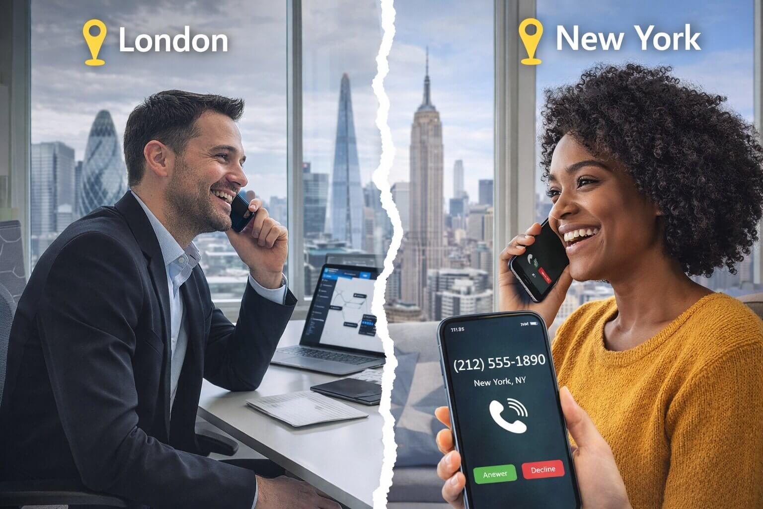 Split-screen image of a professional in London calling a customer in New York who answers a call from a local New York number.