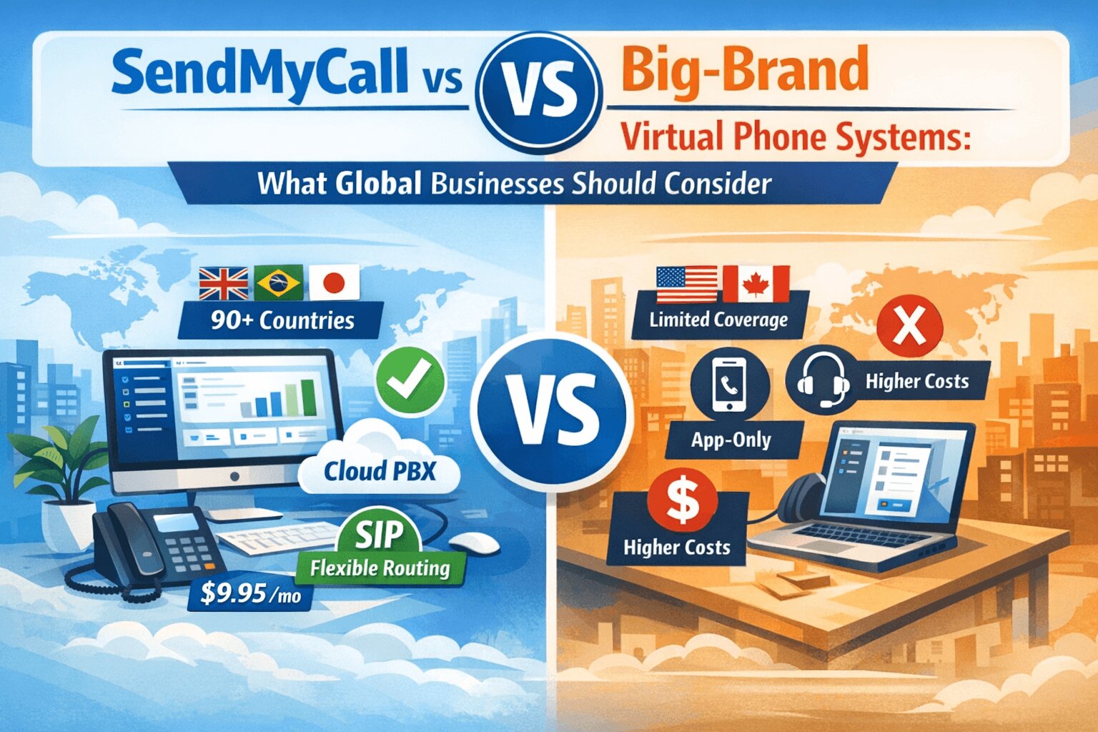 Comparison of global virtual phone systems showing international numbers, cloud PBX, and flexible business call routing.