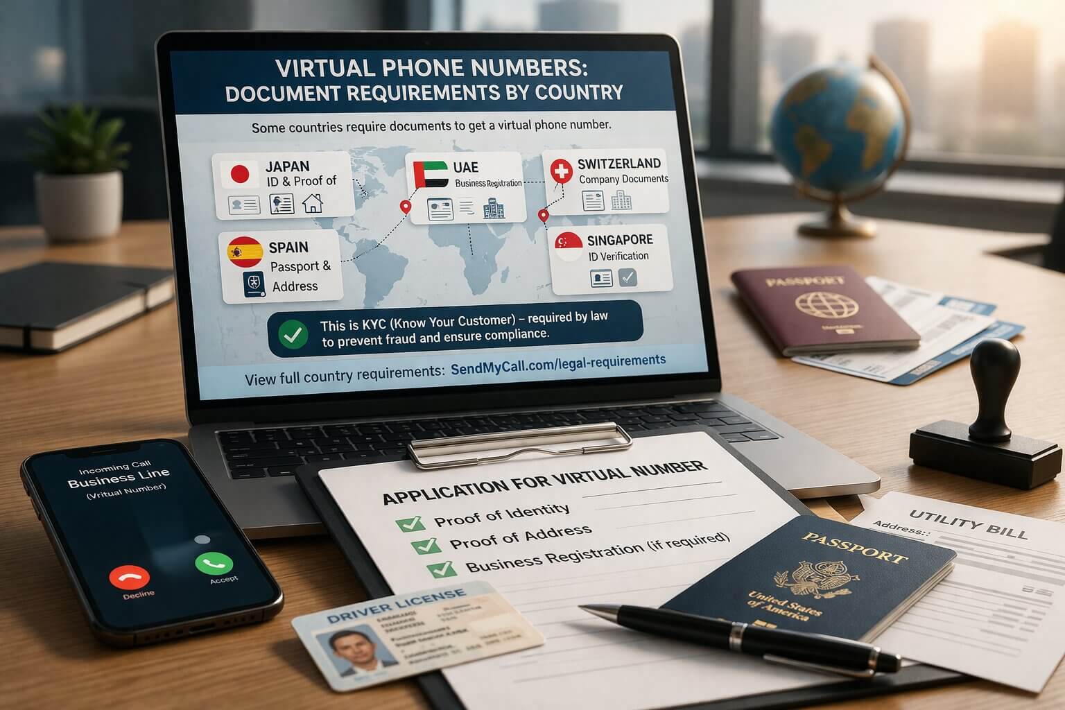 Business verifying identity documents to obtain a virtual phone number in different countries.