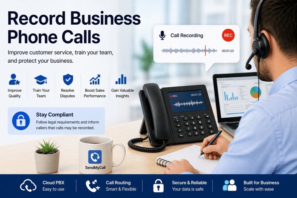 Business professional recording phone calls using cloud PBX system with dashboard and call recording interface