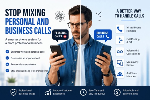 Business professional using separate phones for personal and business calls with virtual phone system dashboard