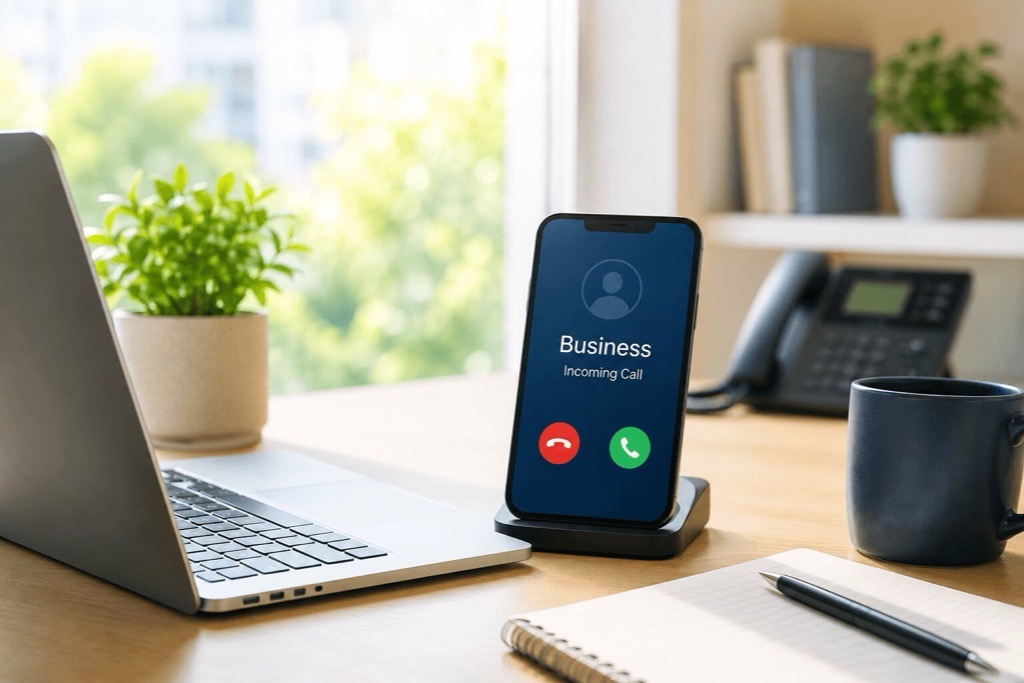 Bright modern workspace with incoming business call on smartphone, laptop, office phone, and coffee mug
