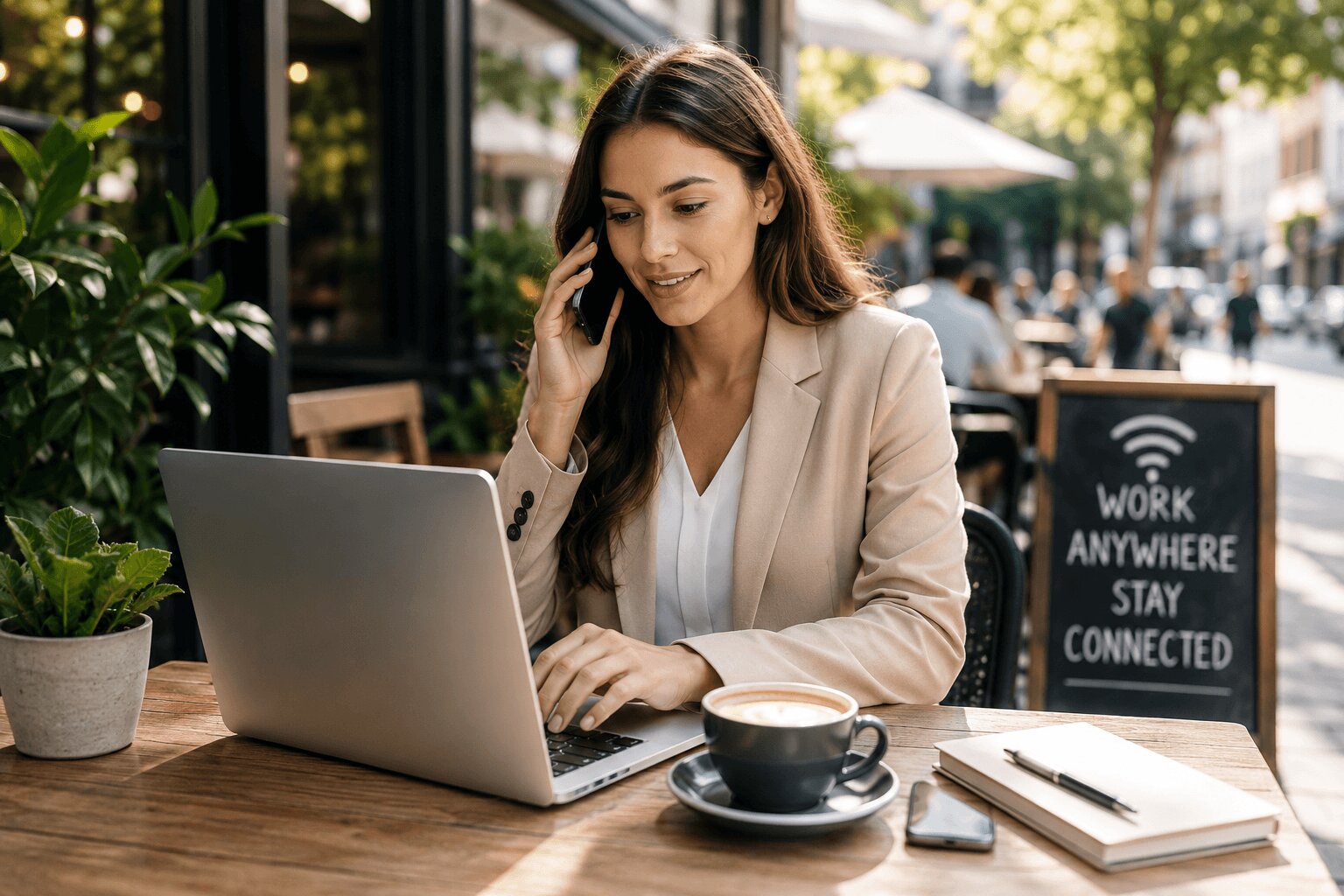 Professional woman working remotely from an outdoor café while managing business calls on a laptop and smartphone