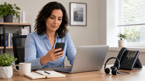 Small business owner using a mobile phone and laptop with an IP desk phone and headset nearby for separate business communication.