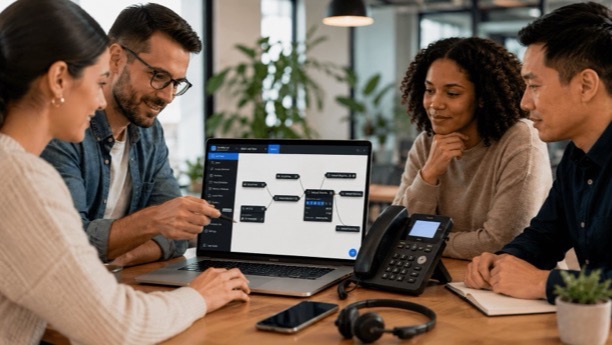 Small business team reviewing a call flow dashboard on a laptop with an IP phone, headset, and mobile phone on the desk.
