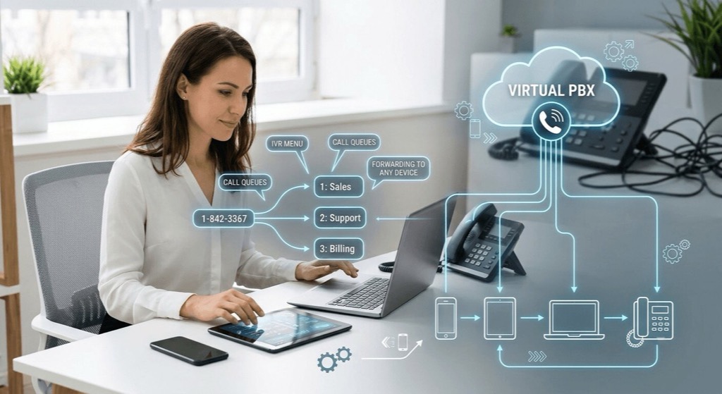 A businesswoman working at a modern office desk with digital overlays illustrating a cloud phone system. The graphic shows a single virtual phone number routing through a "Virtual PBX" cloud into an IVR menu (Sales, Support, Billing) and forwarding calls to multiple devices like smartphones, laptops, and desk phones.