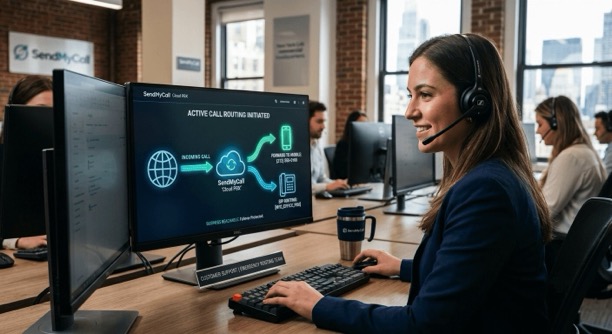 A customer support representative at SendMyCall managing cloud PBX failover settings on a computer screen, demonstrating emergency call forwarding and SIP routing to keep businesses reachable.
