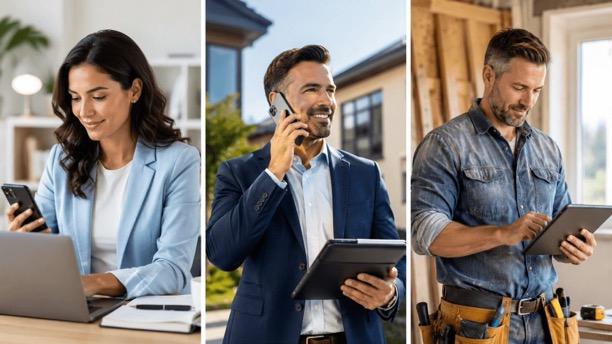 Three self-employed professionals using mobile phones, laptops, and tablets while working in different business settings.