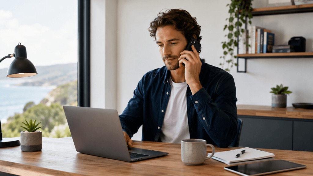 Self-employed professional working from a modern home office, talking on a mobile phone while using a laptop.