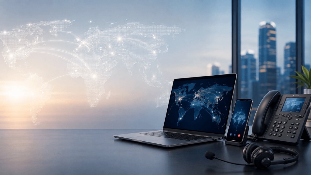 International business team using laptops, headsets, and office phones with a glowing world map showing global call connections.