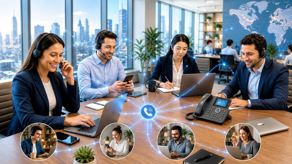 Remote business team using laptops, mobile phones, headsets, and an IP desk phone connected through a central virtual phone number.