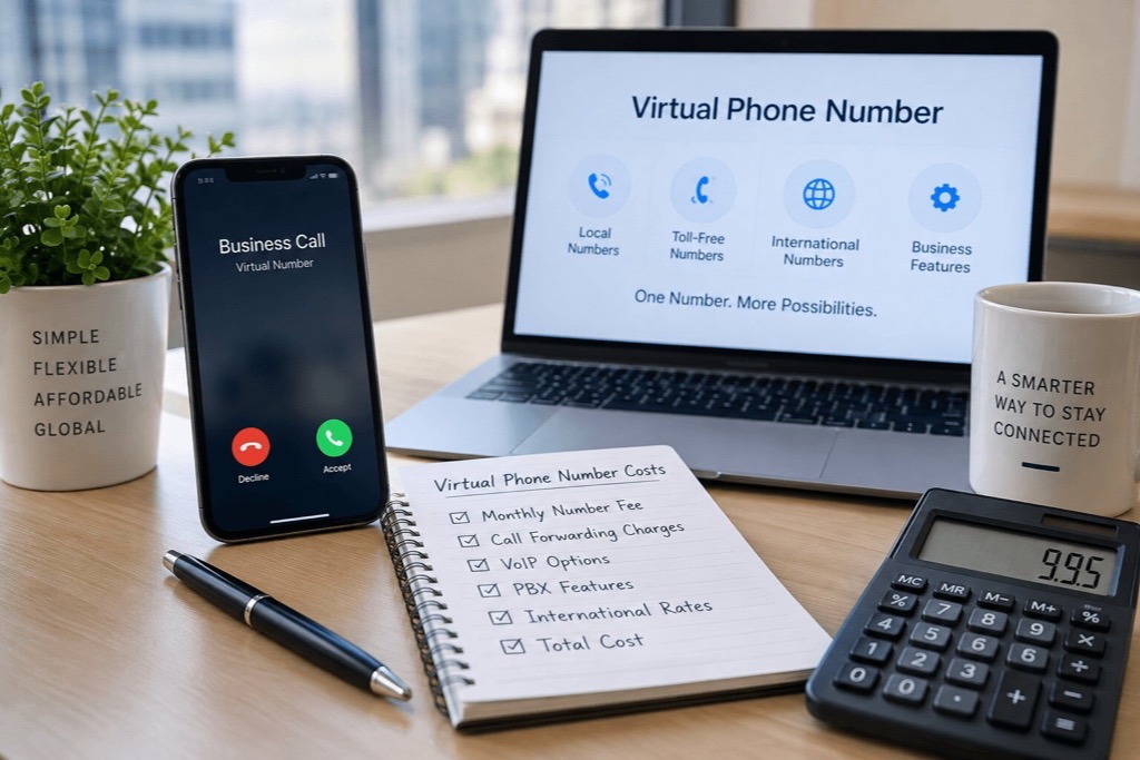 Virtual phone number cost with business call, VoIP options, call forwarding fees, and PBX features